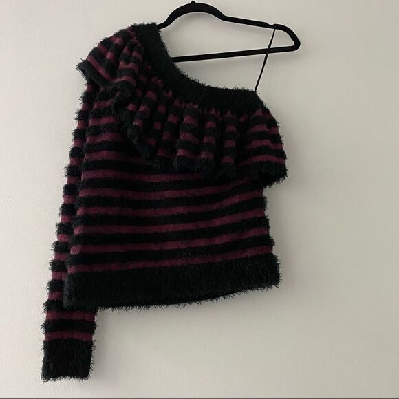 Wayf Johnie Ruffled Stripe One Shoulder Sweater Size Small - Picture 1 of 6